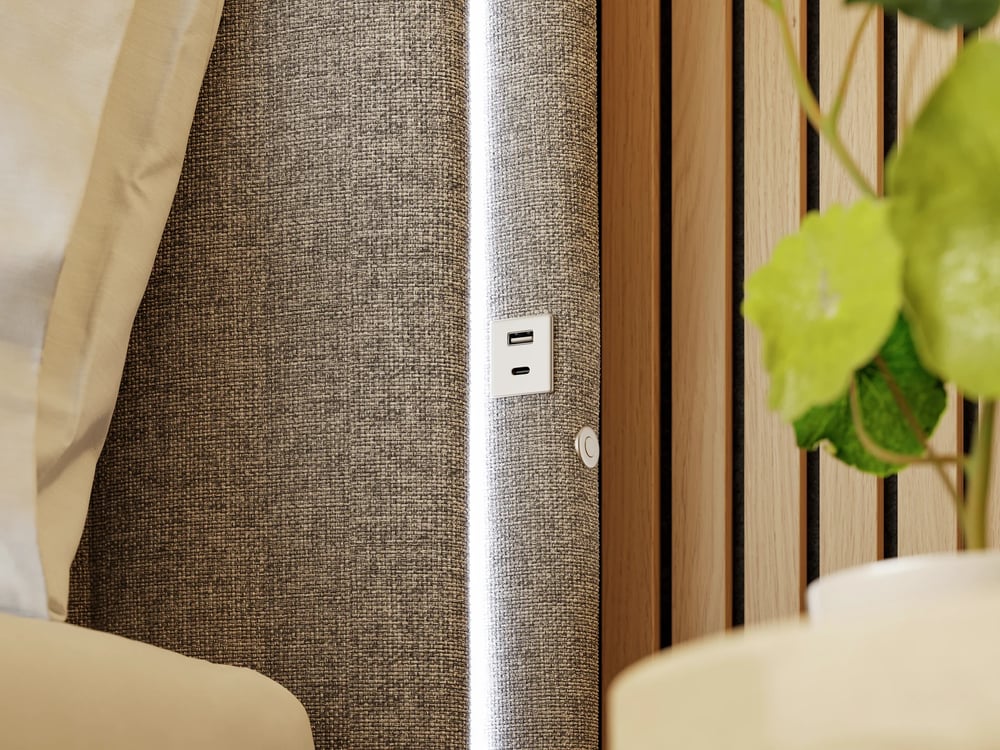 modern upholstered bed detail grey texture oak slats 3d render