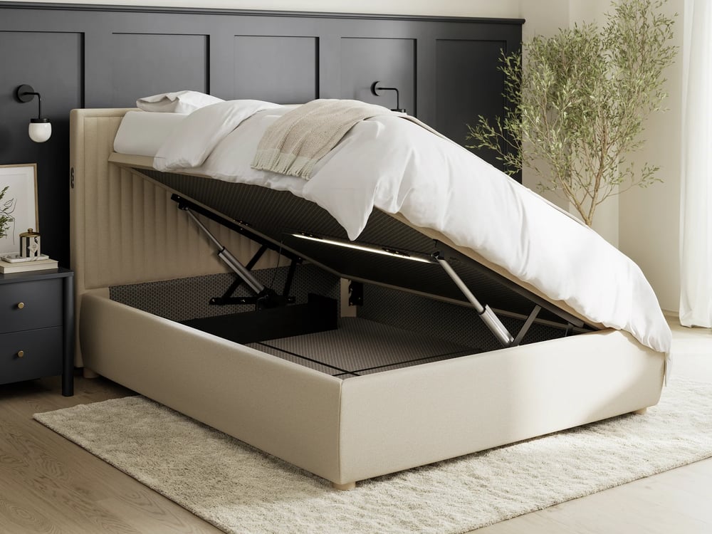 modern upholstered bed frame lift top beige fabric 3d render