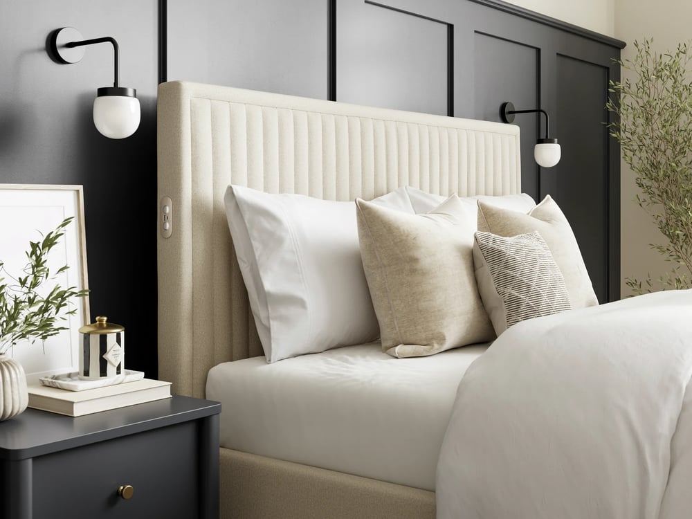 modern upholstered bed headboard linen grey black room 3d render