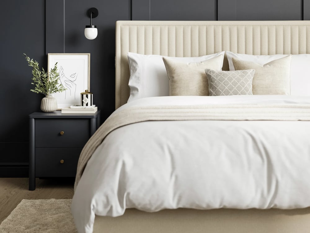 modern upholstered bedroom scene beige linen white 3d render