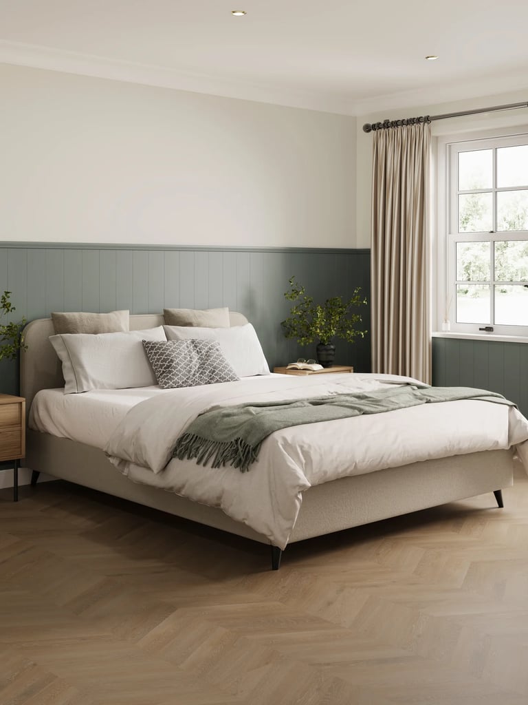 modern upholstered bedroom set grey green oak flooring 3d render