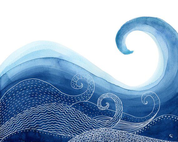 ocean wave watercolour and line art print