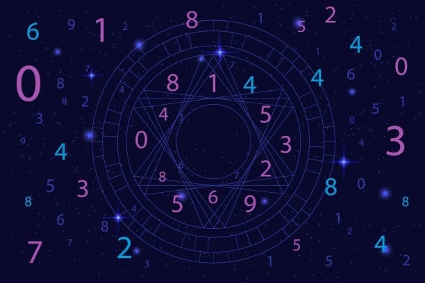 Astrology and numerology concept with zodiac signs and numbers over starry sky