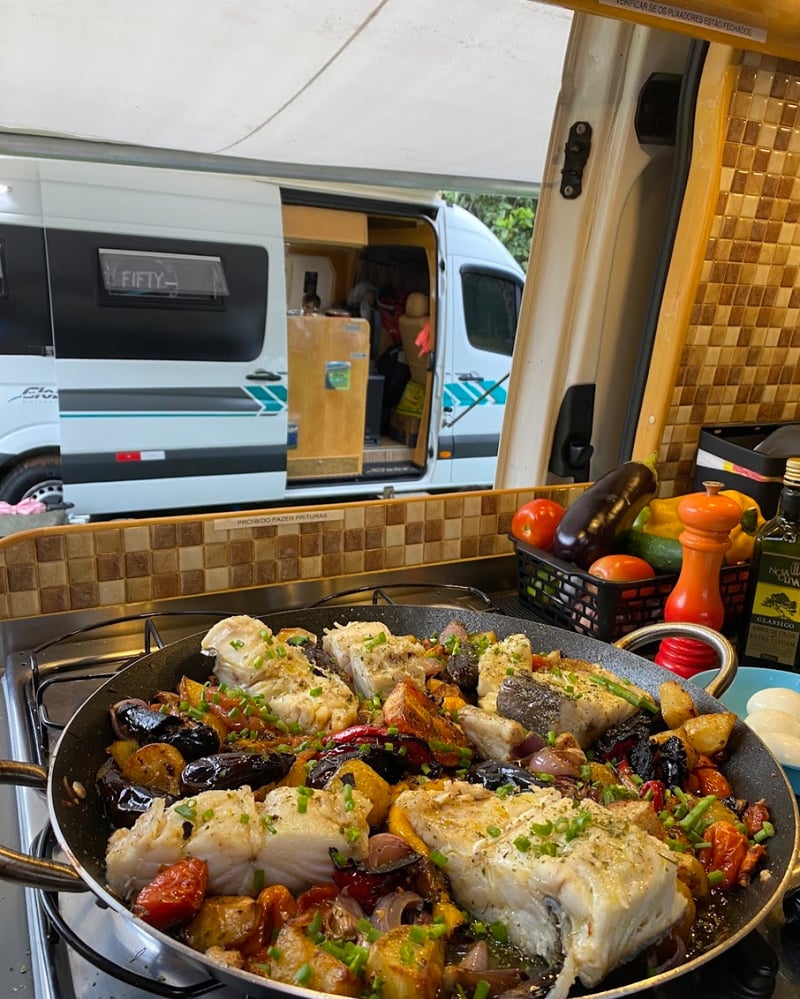 Cozinha externa do motorhome equipada com cooktop e micro-ondas (3)