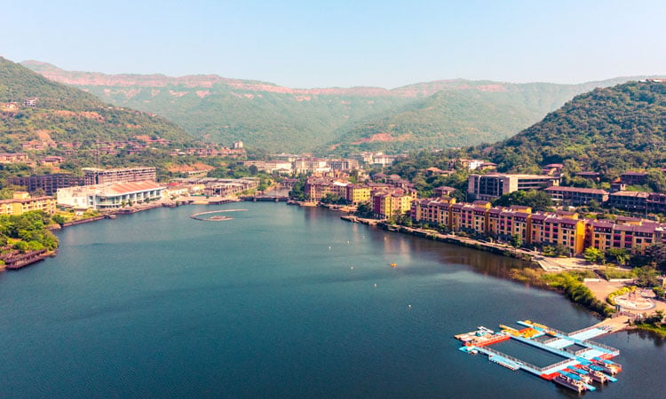 Colourful waterfront and cafés along Lavasa Lakeside Promenade