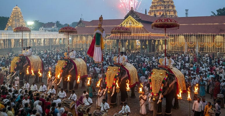 Thrissur Pooram festival with caparisoned elephants and percussion