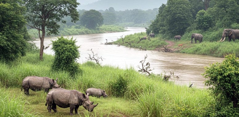 Rhinos and elephants near river in Orang National Park