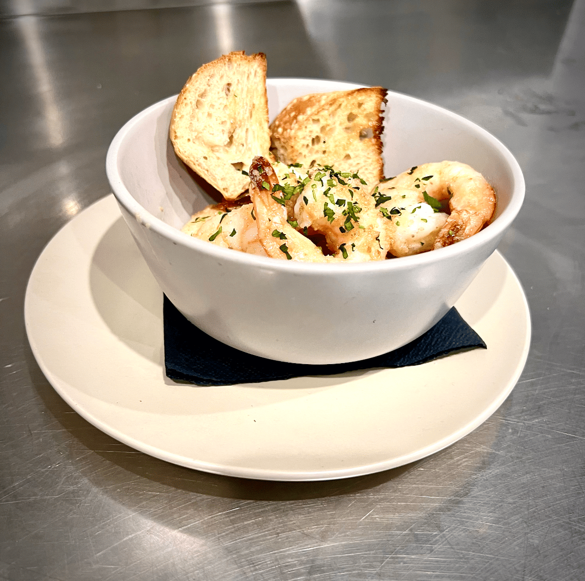 Garlic prawns with homemade bread