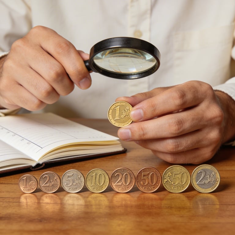 Sammler prüft Münzen und notiert Informationen an einem Schreibtisch