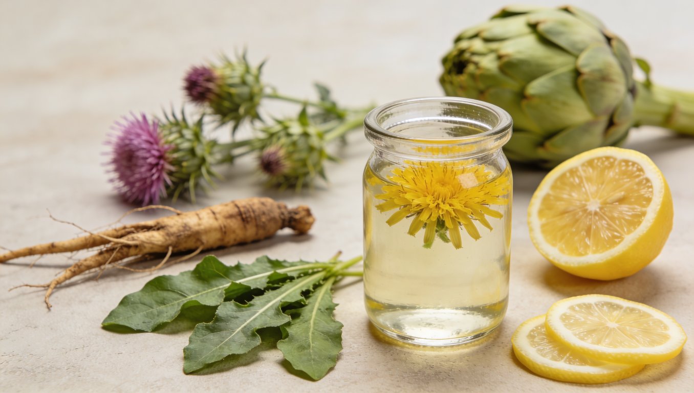 Frische natürliche Zutaten und Kräuter als Sinnbild für einen bewussten Leber Detox