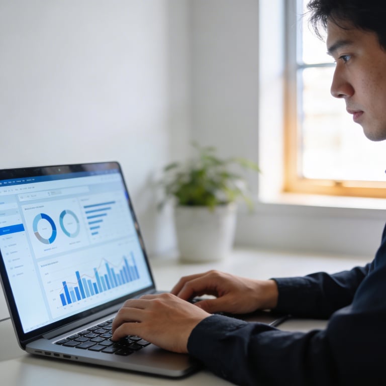 Person analysiert digitale Daten auf Laptop in hellem Büro