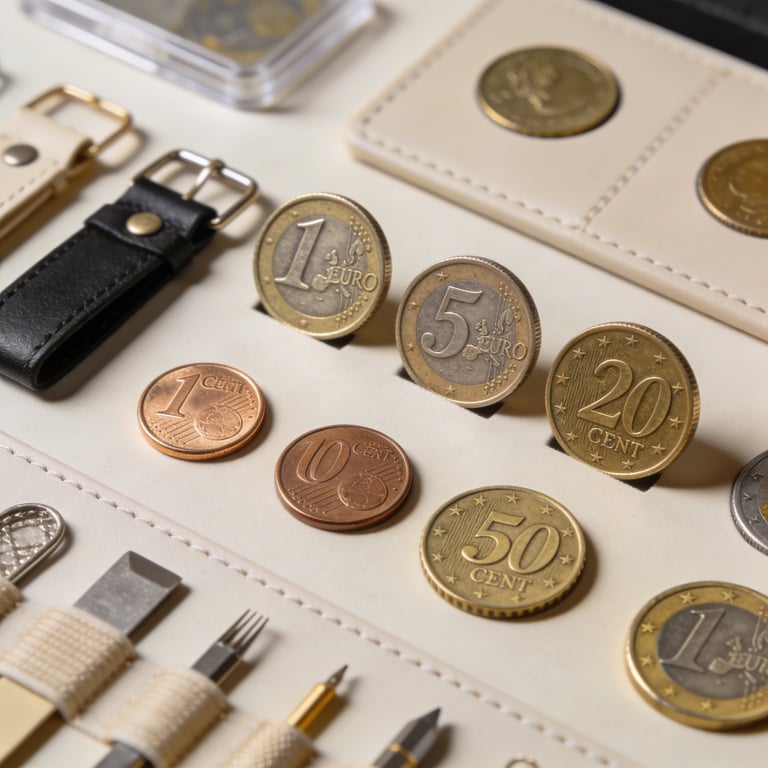 Nahaufnahme von Münzen und Sammlerzubehör auf einem geordneten Tisch