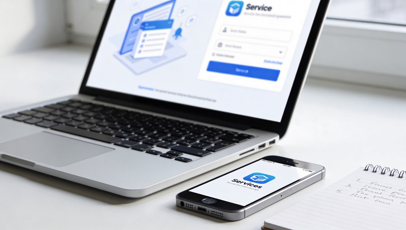 Professioneller Arbeitsplatz mit Laptop, Smartphone und Notizblock für digitale Arbeit