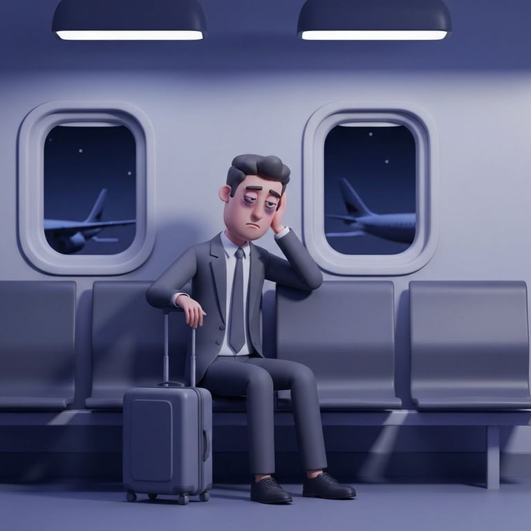 Erschöpfter Reisender am Flughafen – Jetlag überwinden mit Melatonin