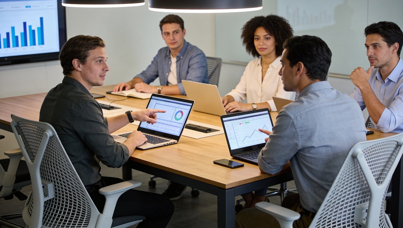 Modernes Büro mit digitalen Arbeitsplätzen und Team in Besprechung