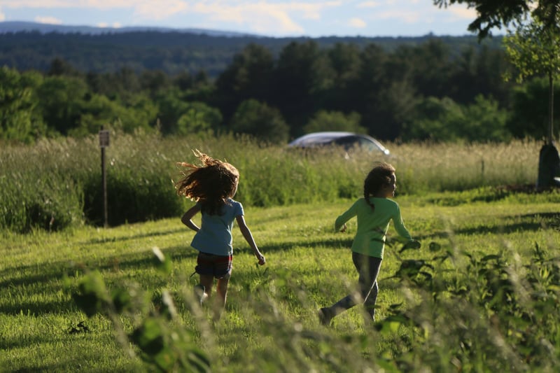 Illustrative image: two kids running through a sunlit grassy field, backs to camera