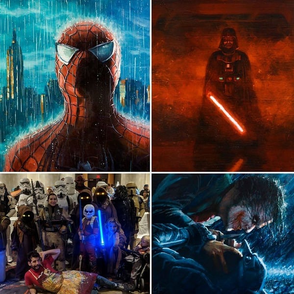 Amazing Art Expo pop-culture art collage featuring Spider-Man, Darth Vader and cosplayers