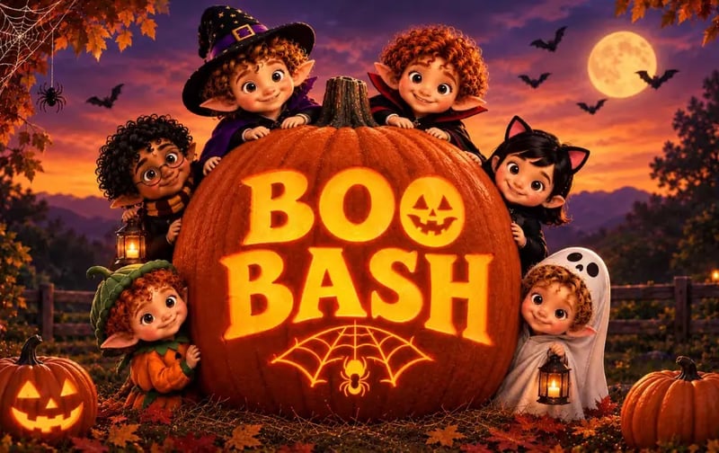 Boo Bash at Outlets at Castle Rock: a glowing carved pumpkin with kids in Halloween costumes