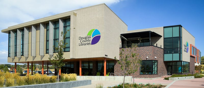 Exterior of the Douglas County Libraries Parker branch on Mainstreet, Parker, Colorado