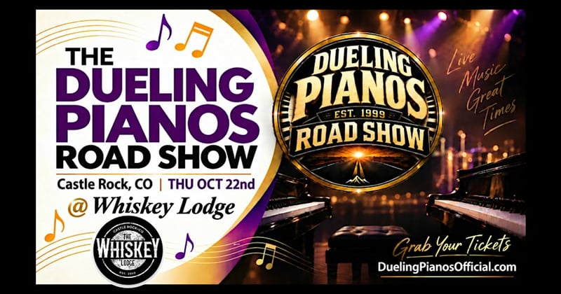 Dueling Pianos Road Show event flyer for the Whiskey Lodge, Thursday Oct 22nd