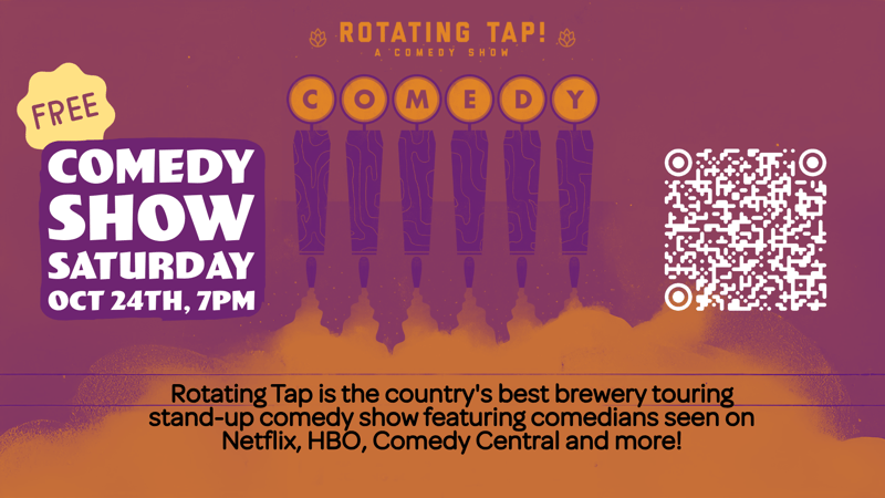 Free Comedy Show flyer, Rotating Tap Comedy at Alidade Brewing, Saturday Oct 24th 7pm