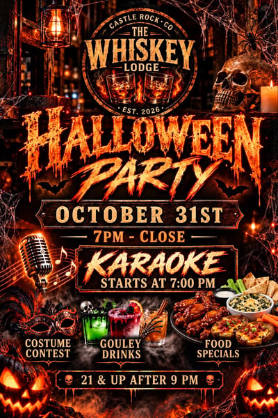 The Whiskey Lodge Halloween Party flyer, October 31, 7pm to close