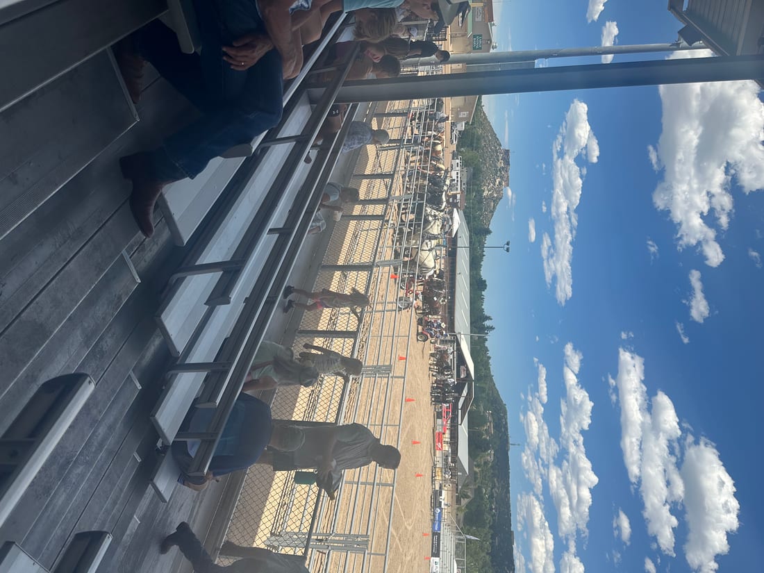 The view from the stands at the Douglas County Fair & Rodeo arena in Castle Rock, with Castle Rock's namesake butte in the background on a sunny day