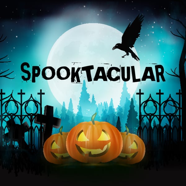 Spooktacular event graphic with jack-o-lanterns, a full moon and a crow over a cemetery fence