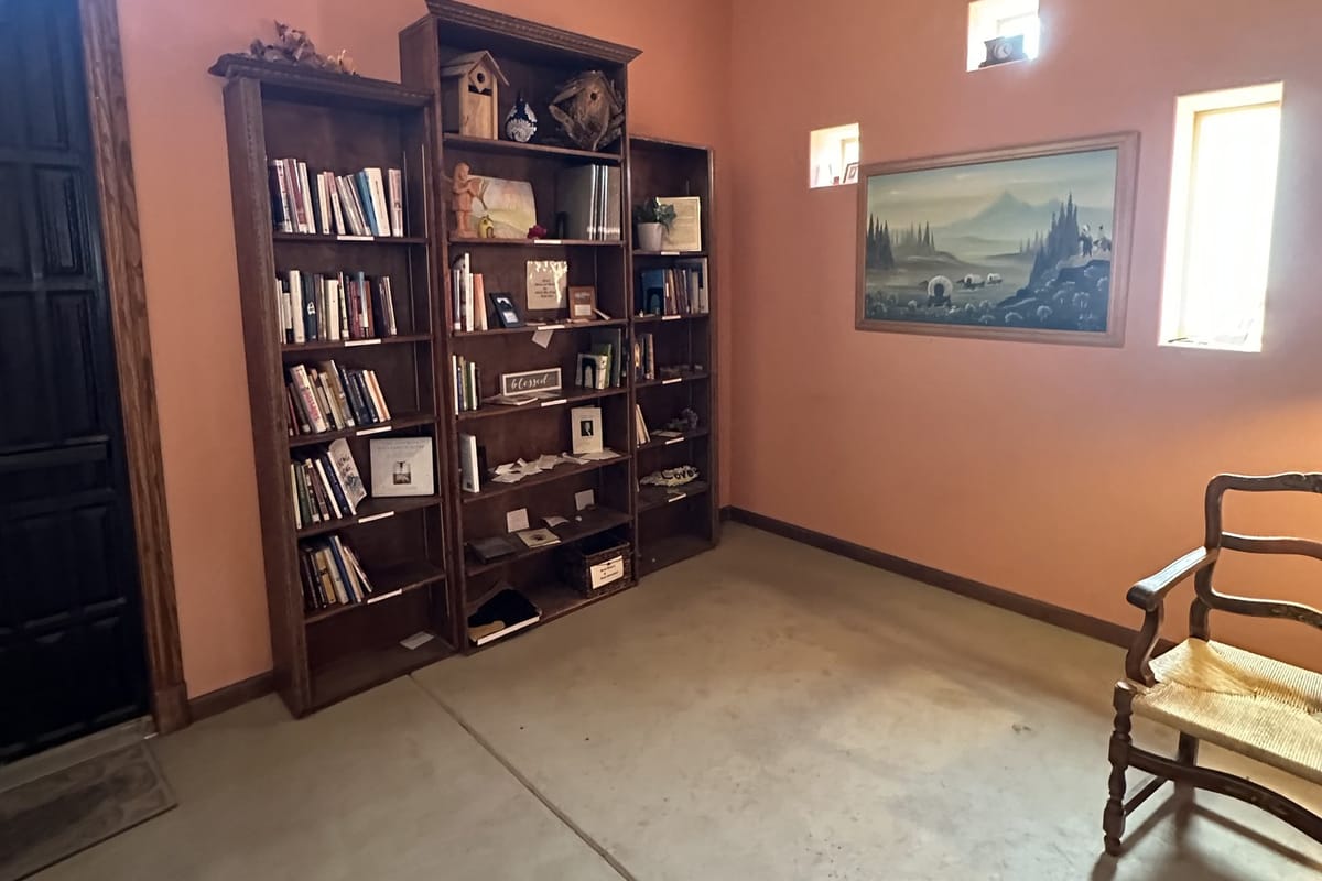 Inside the chapel at A Sanctuary Center — vaulted navy ceiling and the lending library shelves