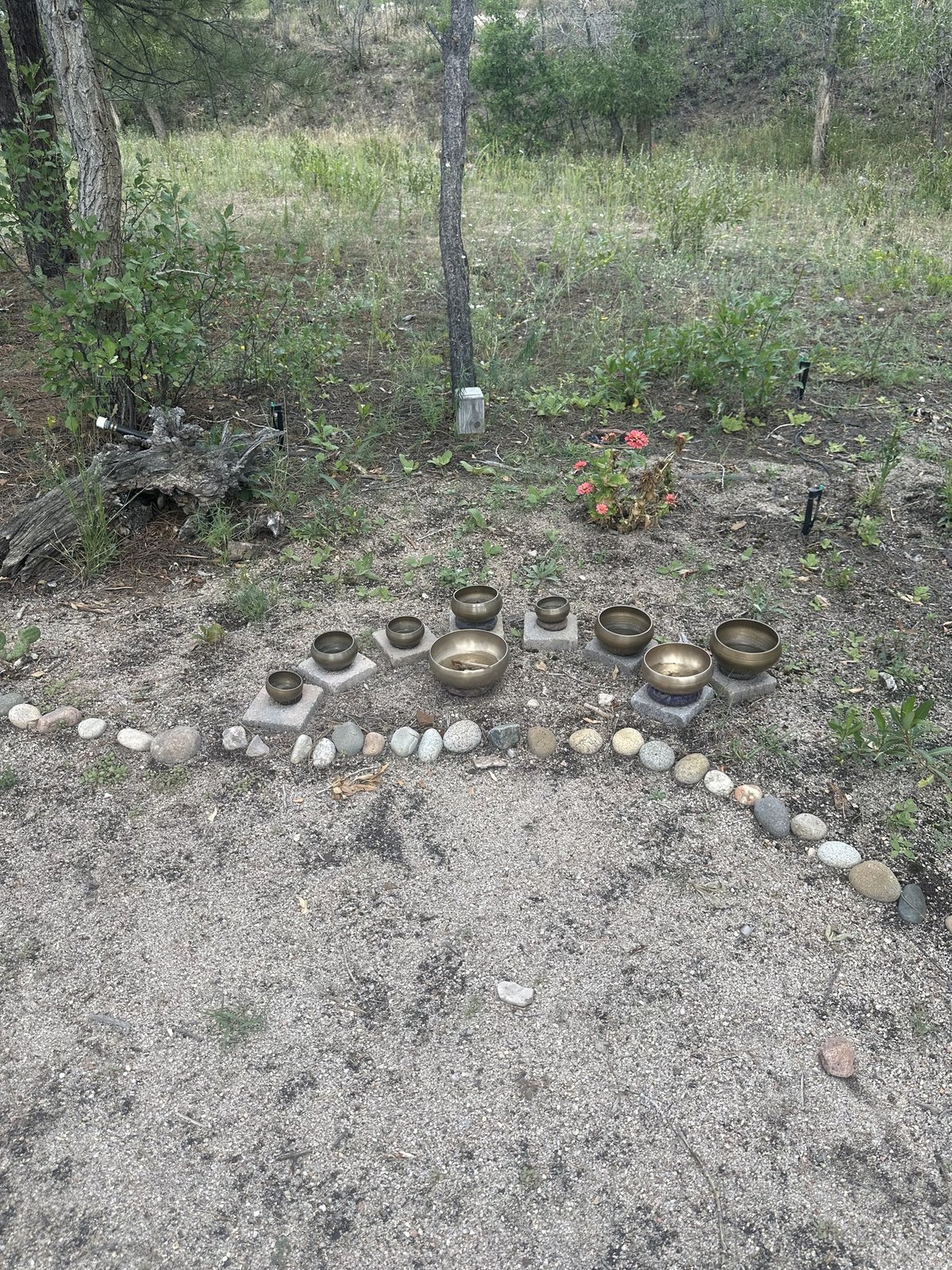 Brass singing bowls on stone plinths along a river-rock path