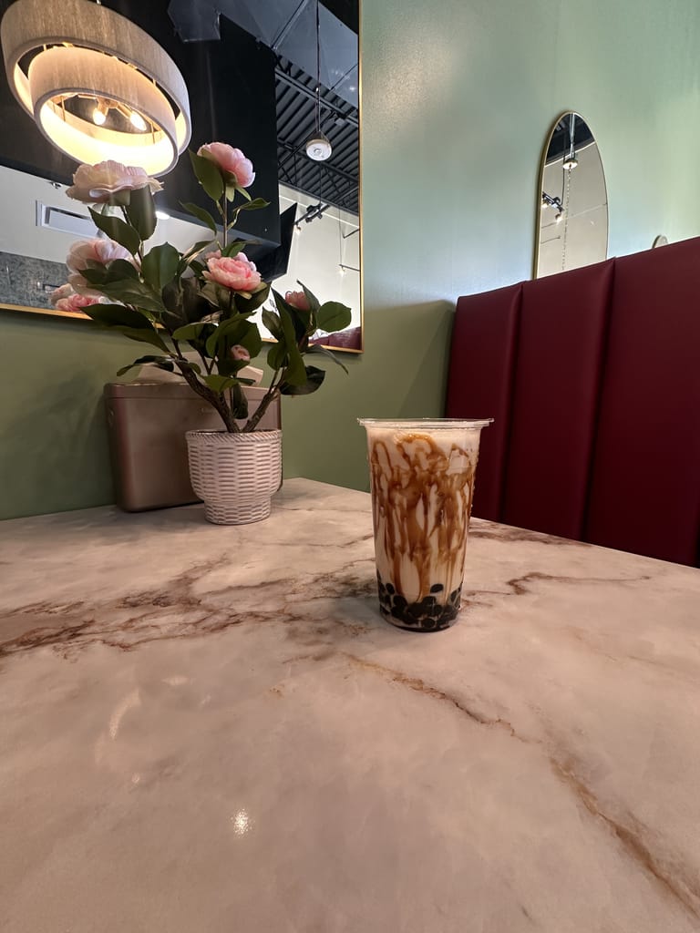 Brown sugar boba milk tea with fresh pearls at Badger & Bloom