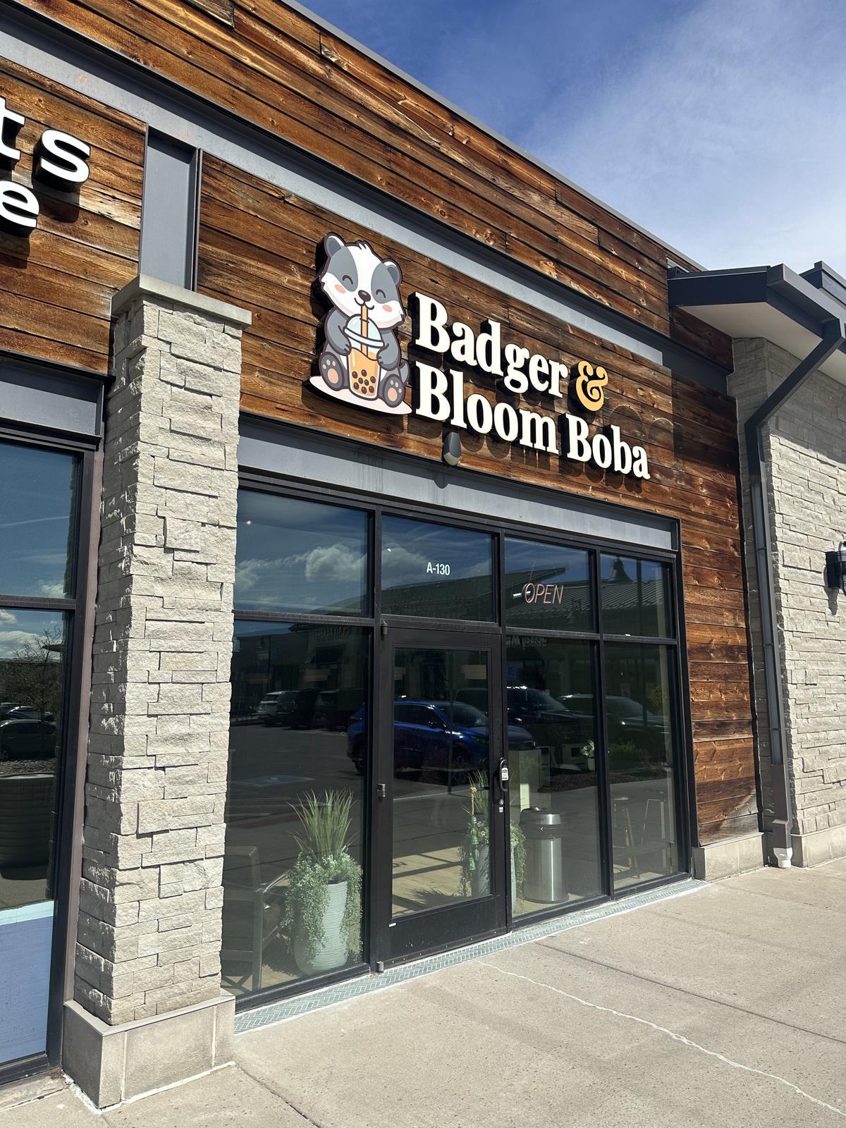 Badger & Bloom Boba storefront at the Outlets at Castle Rock, Unit A-130