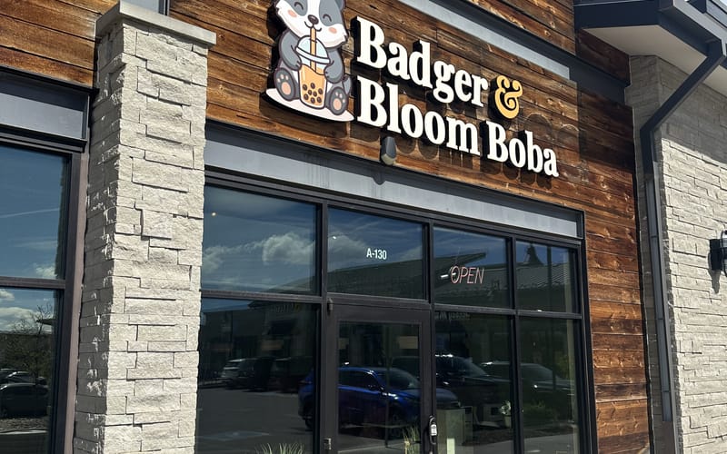 Badger & Bloom Boba storefront at the Outlets at Castle Rock, Unit A-130