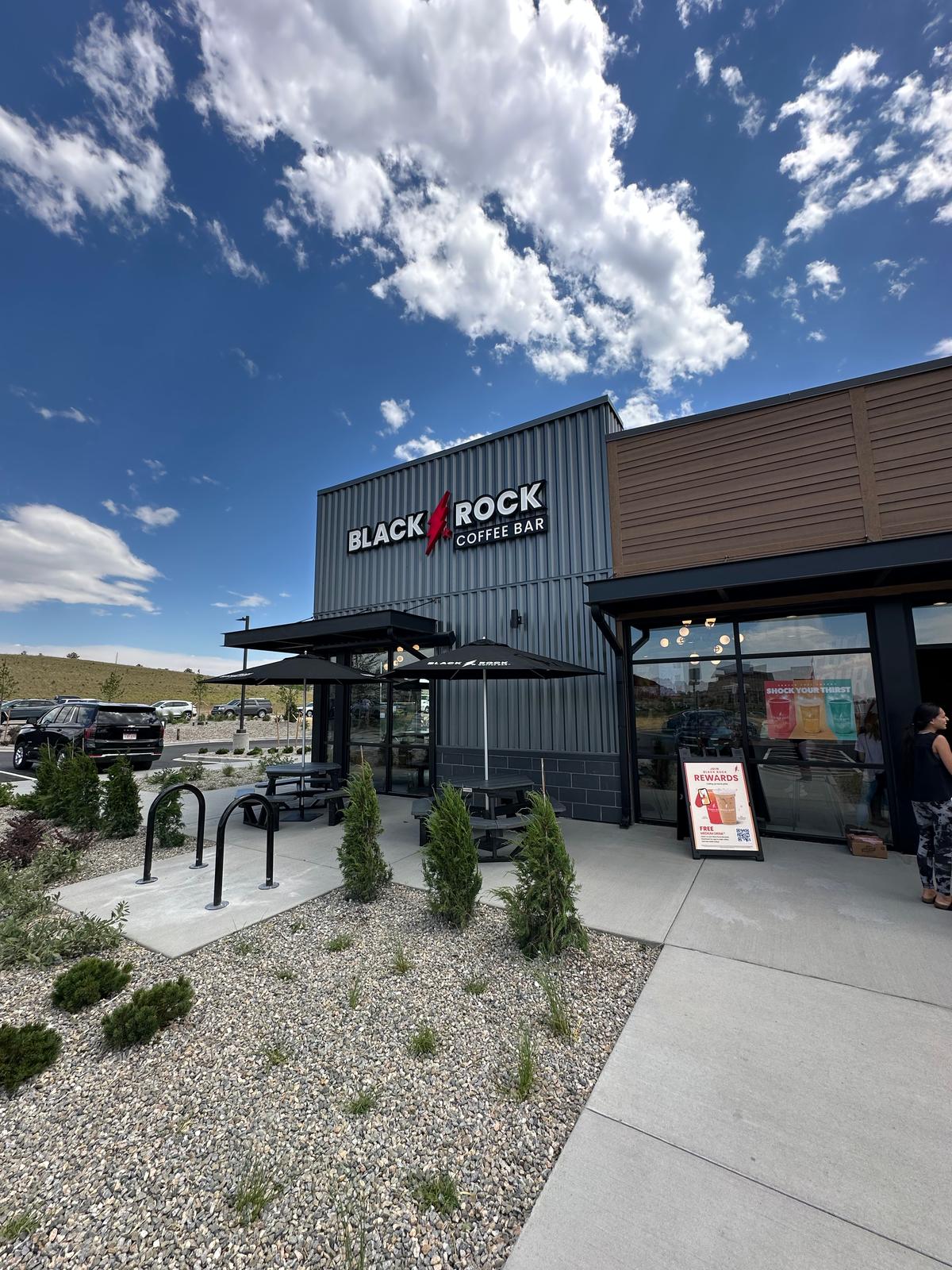Black Rock Coffee Bar entrance and patio at 6940 Stroh Rd in Parker, the new Parker Road and Stroh Road location