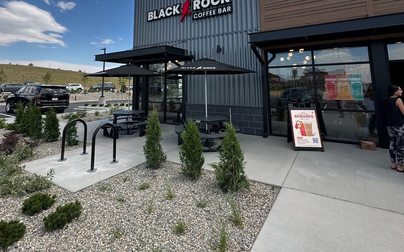 Black Rock Coffee Bar entrance and patio at 6940 Stroh Rd, the new Parker Road and Stroh Road location in Parker, Colorado