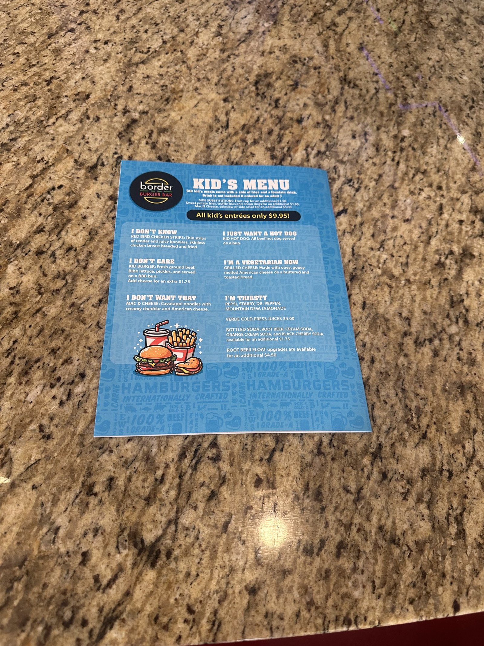 The Border Burger kids' menu on the bar