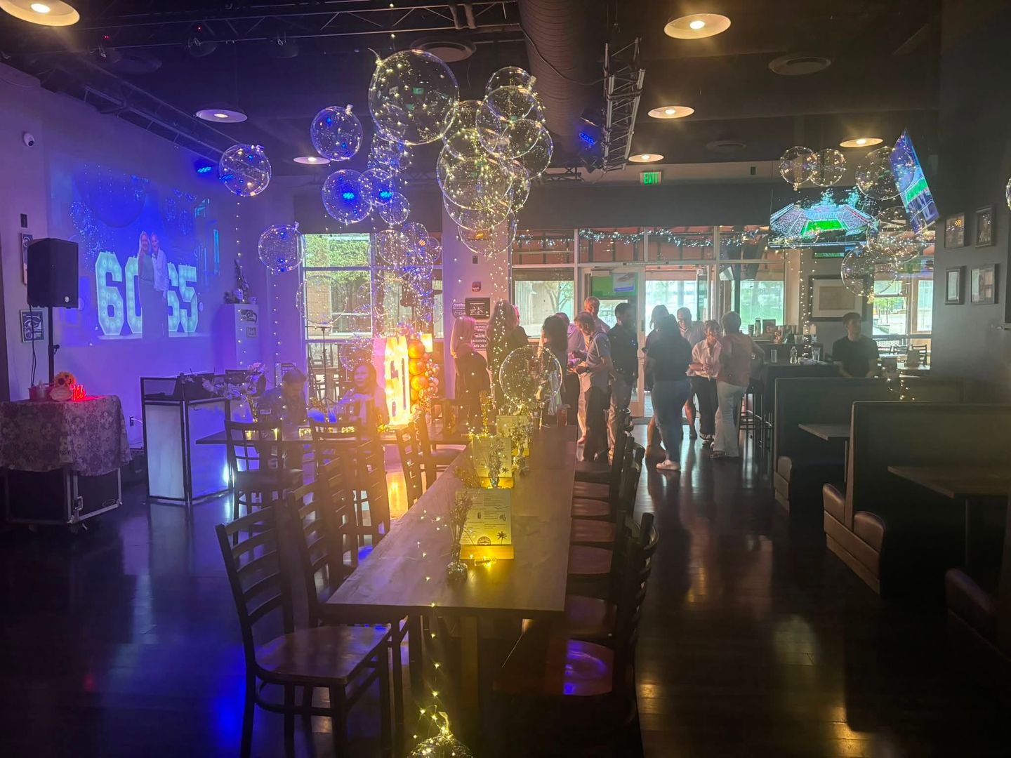 The bar at Clock Tower Grill in Lone Tree, lit up for a party