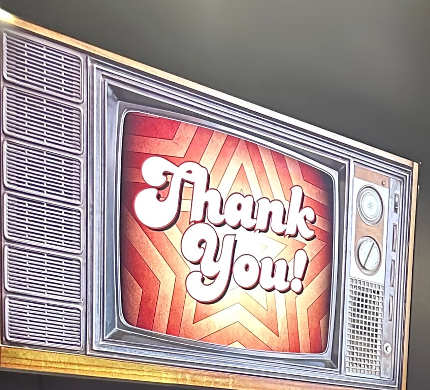 The Thank You card on the retro TV screen at the end of a ClueClock game show