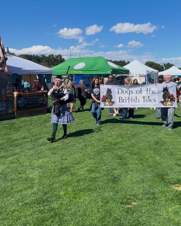 A piper in a kilt leading the Dogs of the British Isles banner at the start of the dog parade at the Colorado Highland Games