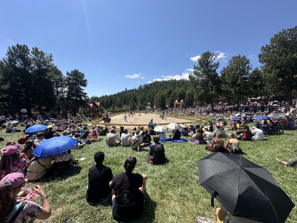 Spectators packed on the grassy hillside above the jousting arena at the Colorado Renaissance Festival