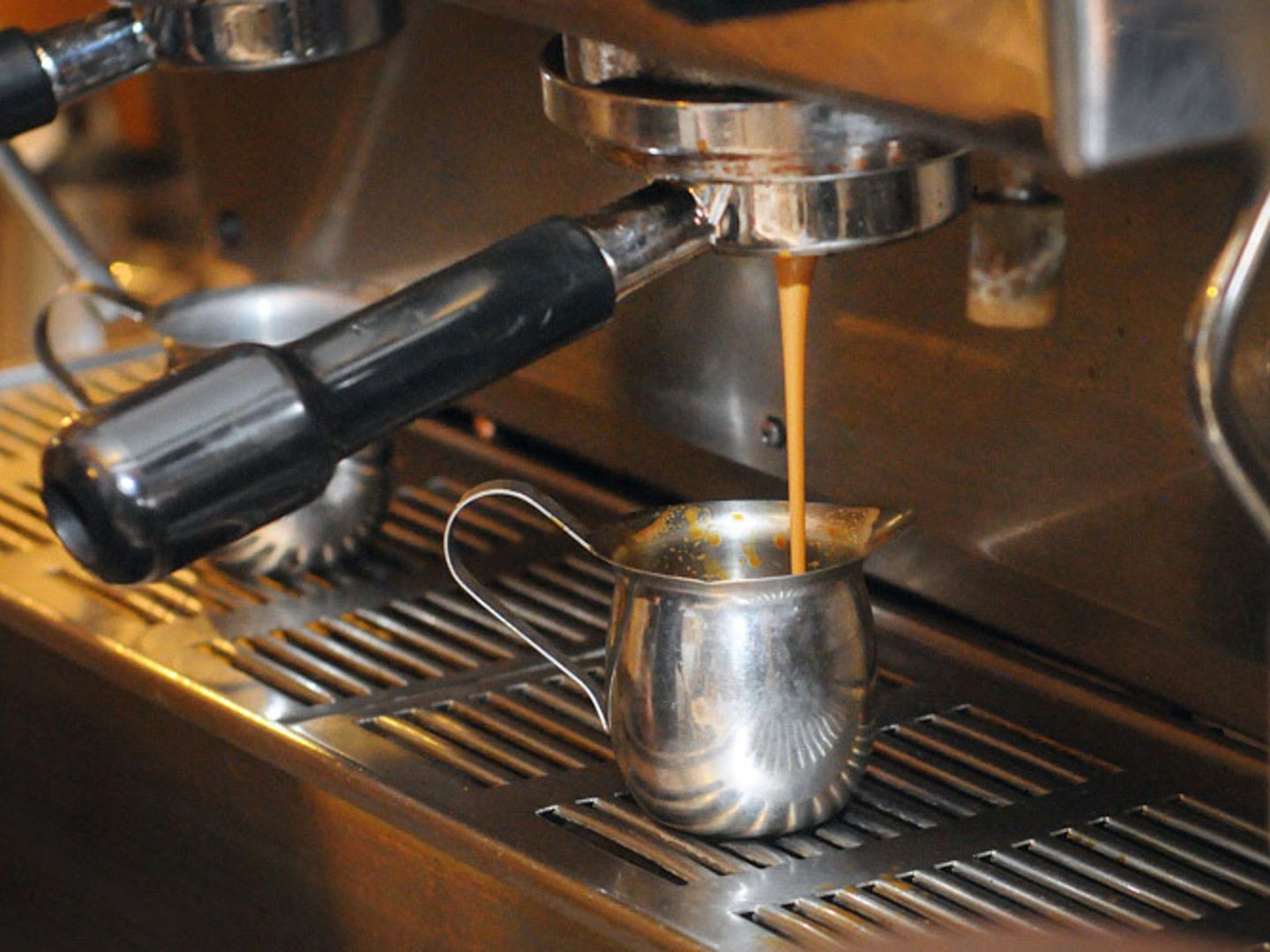 Espresso pouring from the machine at Fika Coffee House in Parker