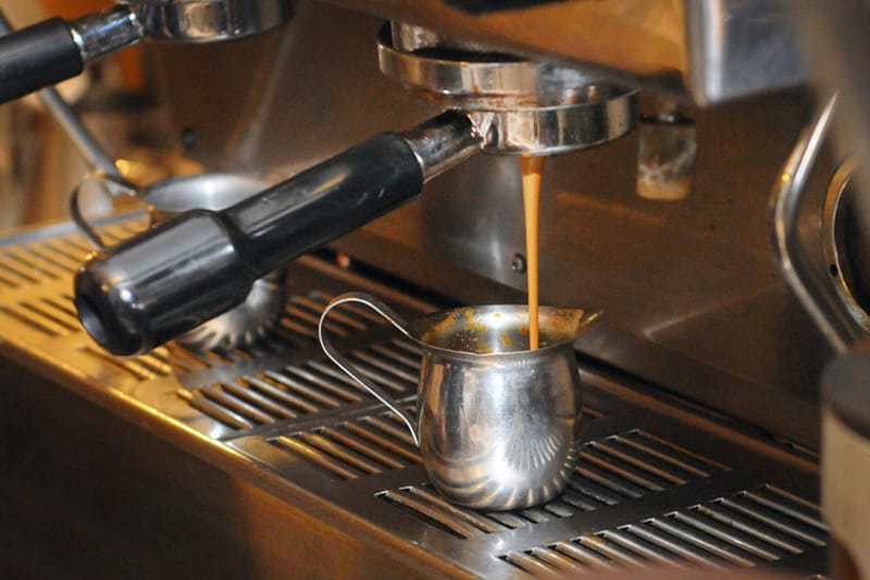 Espresso pouring from the machine at Fika Coffee House in Parker