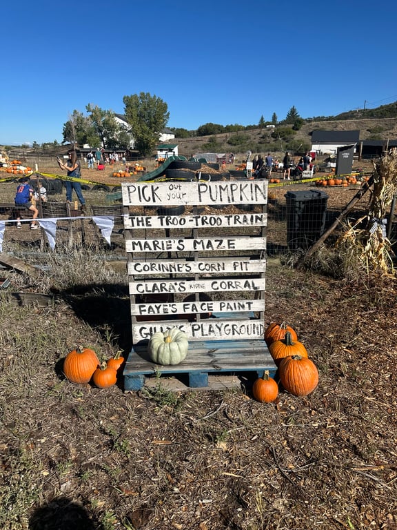The Gilly's activity sign listing Pick Out Your Pumpkin, The Troo-Troo Train, Marie's Maze, Corinne's Corn Pit, Clara's Kiddie Corral, Faye's Face Paint and Gilly's Playground