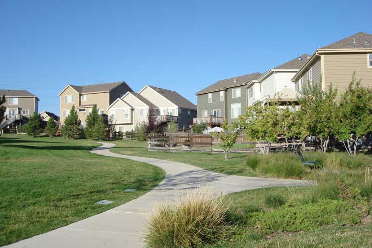 A concrete trail curving through a greenbelt between two-story homes in a Highlands Ranch neighborhood