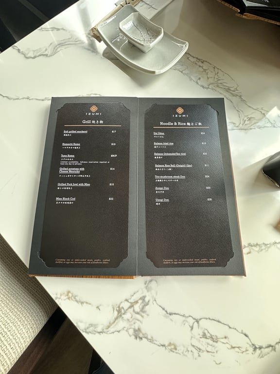 Izumi Sushi Grill and Noodle/Rice menu page