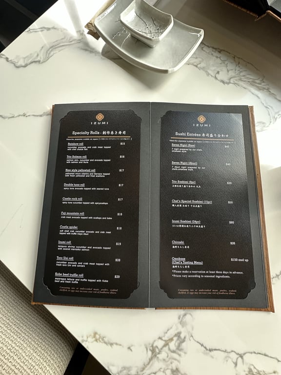 Izumi Sushi Specialty Rolls and Sushi Entrees including Omakase menu page