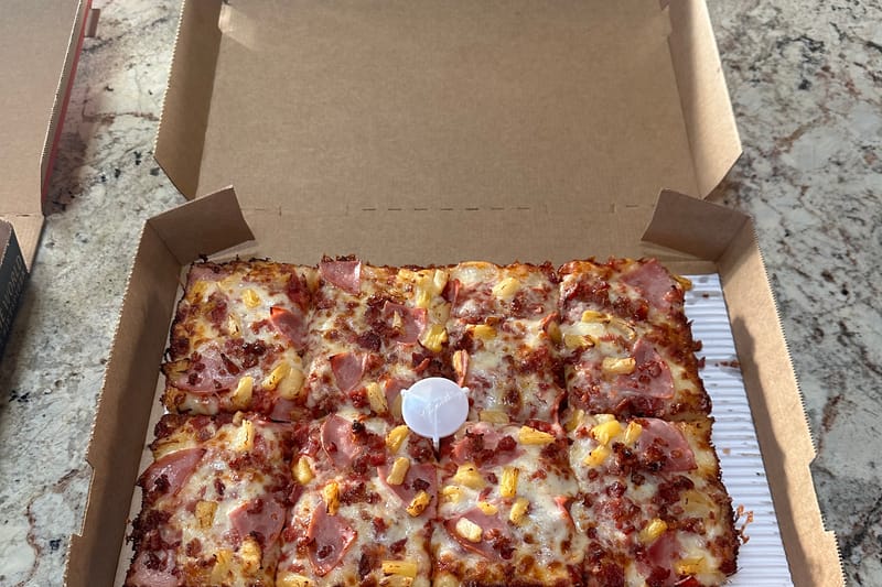 Jet's Pizza Detroit-style Hawaiian square pizza in a Jet's box at the Castle Rock location on Founders Parkway