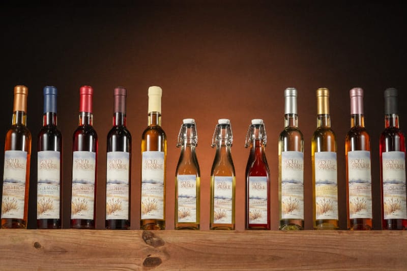 A row of Kold Prairie Mead bottles