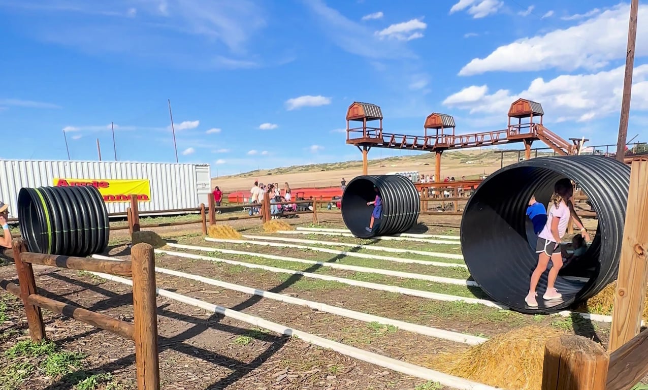 Kids running inside the big black rat roller barrels at Lone Creek Farms
