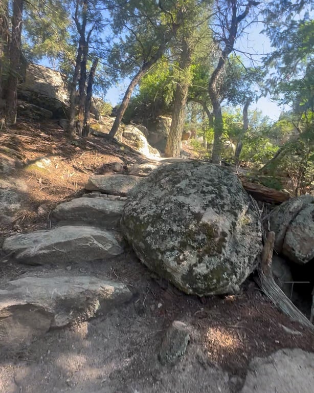 Rock steps and a lichen-covered boulder on Bootlegger's Loop at Lost Canyon Ranch Open Space, Castle Rock